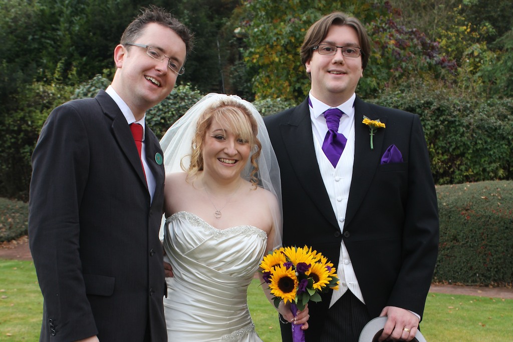 Ewan with just-married Andy and Lea in the garden