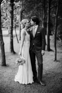 Black and white image of a bride and groom