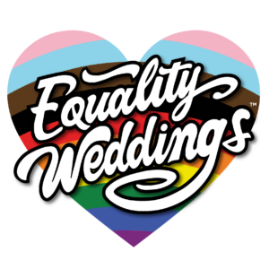 Rainbow Heart with words 'Equality Weddings'